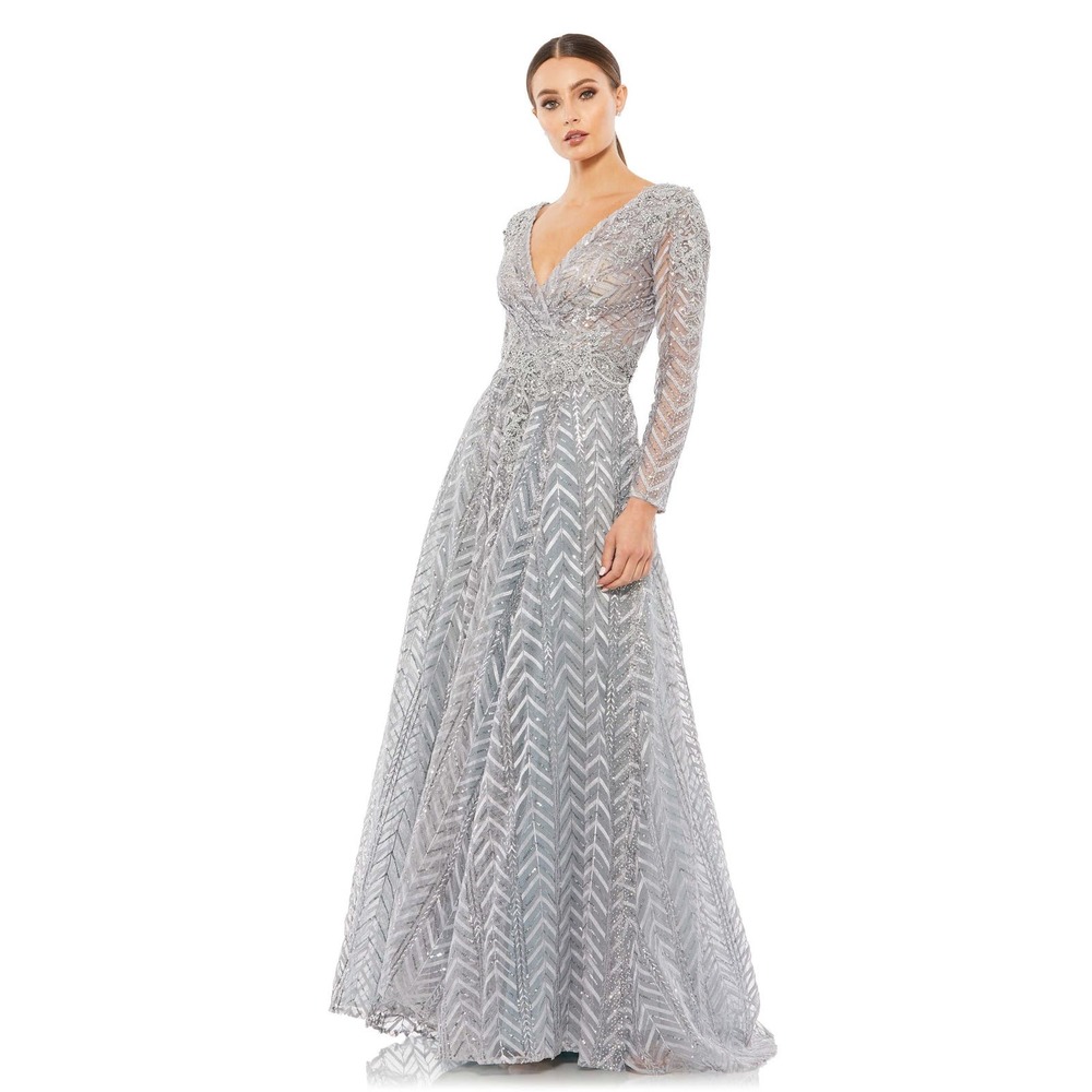Mac Duggal Embellished Illusion Long Sleeve Evening Gown in Platinum NEW Size 14